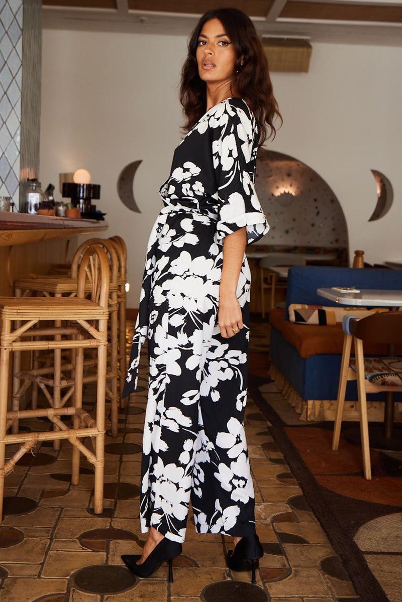 Winona Kimono Jumpsuit In White On Black Floral