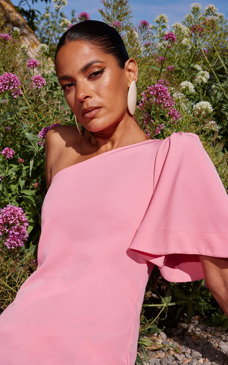 Joy One Shoulder Mini Dress in Blush Pink