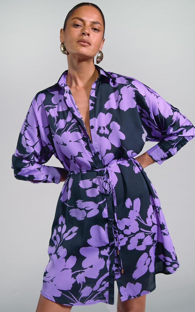 Melody Mini Shirt Dress in Lilac on Black Floral