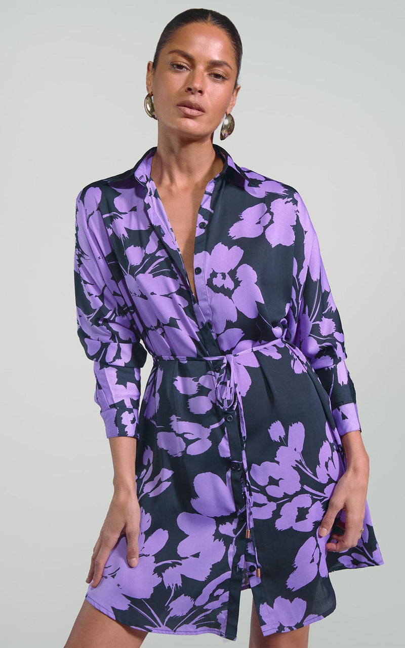 Melody Mini Shirt Dress in Lilac on Black Floral