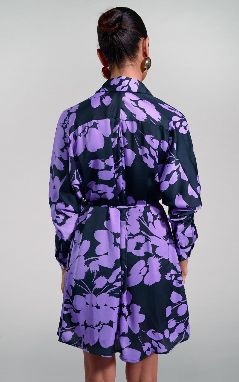 Melody Mini Shirt Dress in Lilac on Black Floral