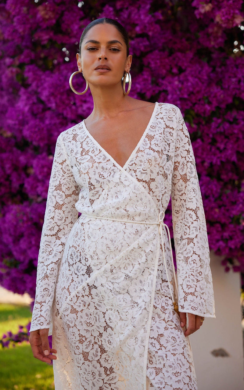 Maya Maxi Wrap Dress in White Lace