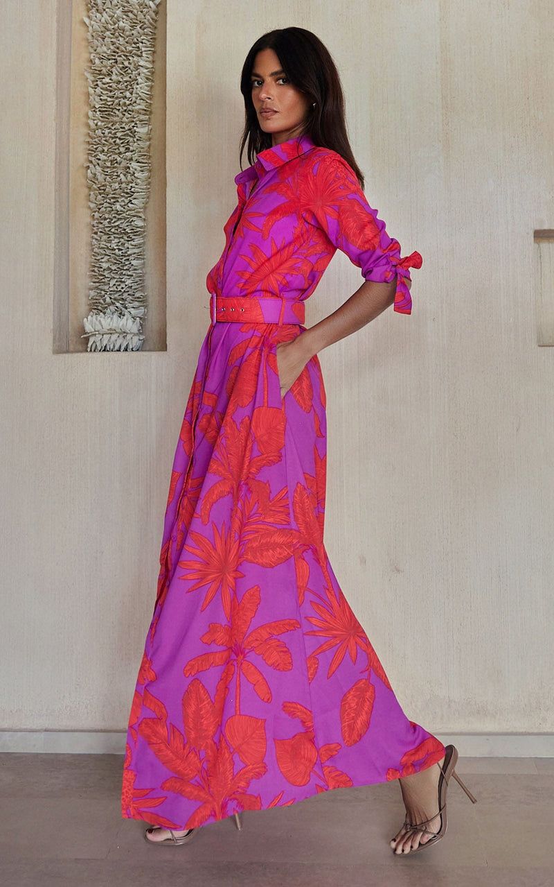 Dove Dress in Red on Purple Jungle