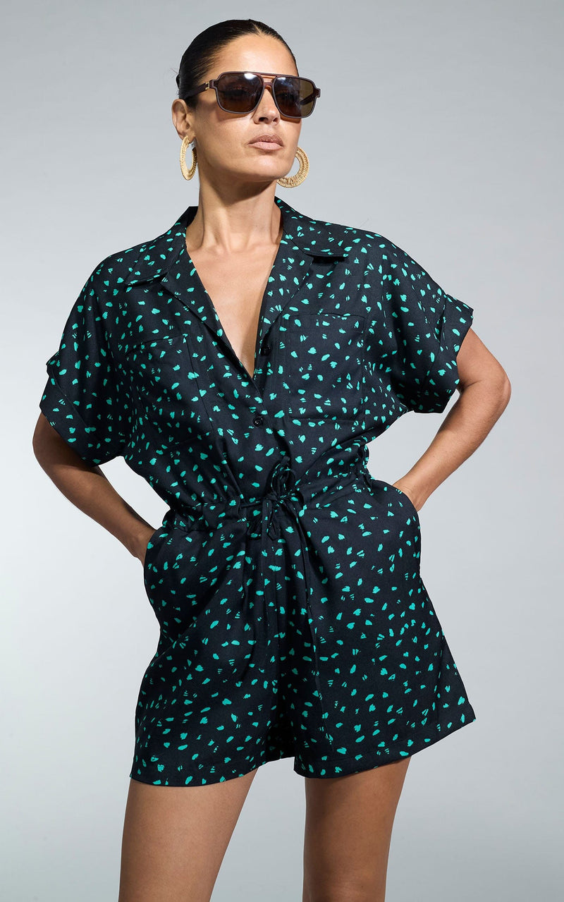 Rizzo Shirt Playsuit in Abstract Green on Black