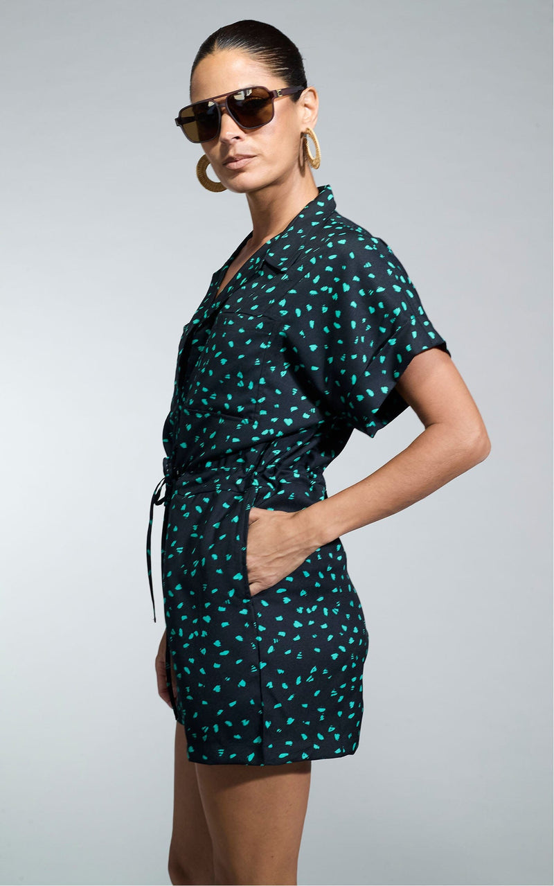 Rizzo Shirt Playsuit in Abstract Green on Black