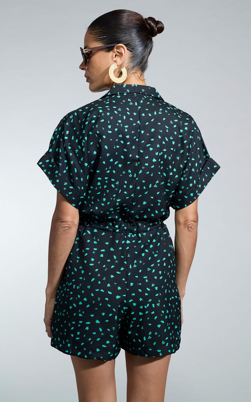 Rizzo Shirt Playsuit in Abstract Green on Black