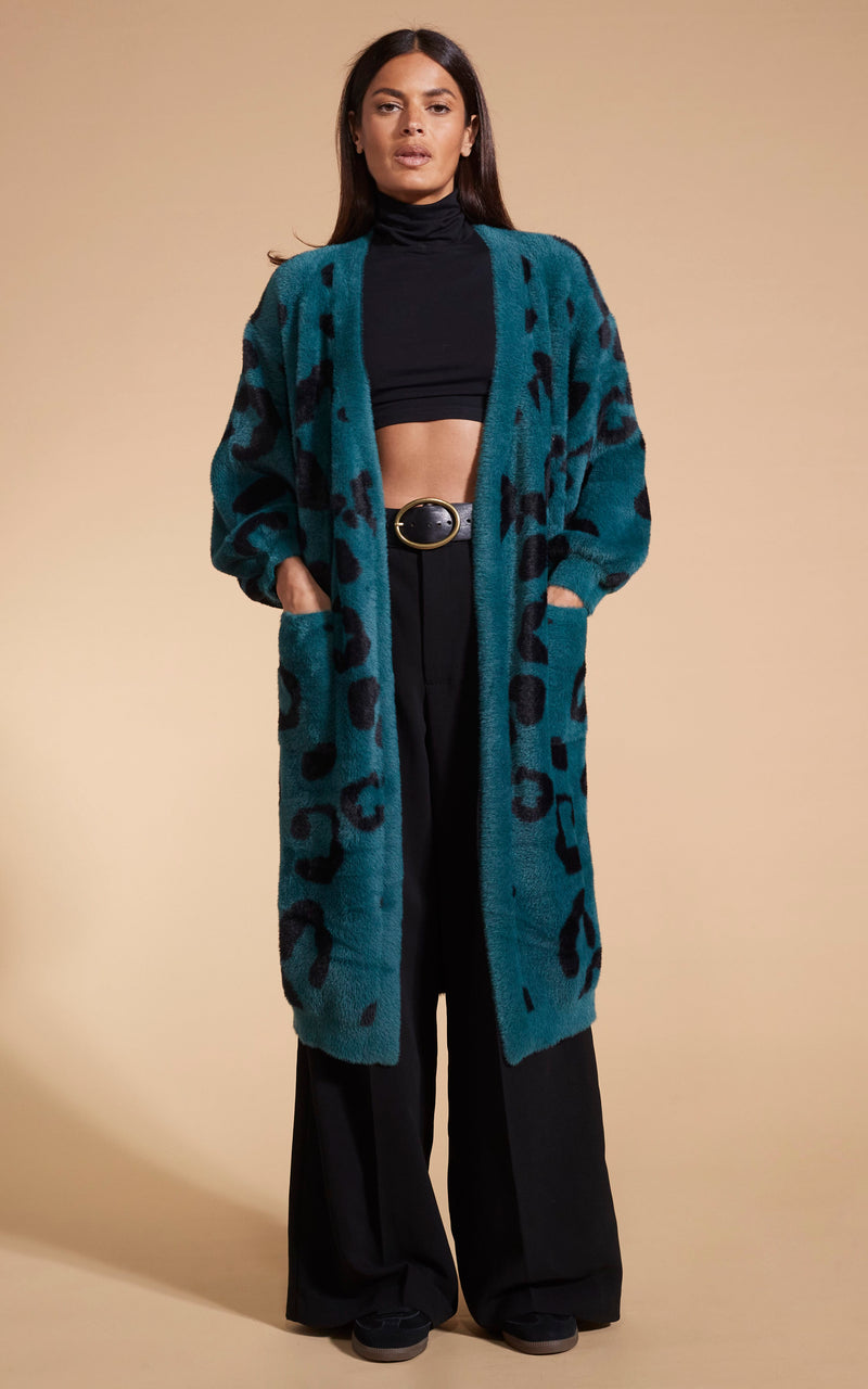 Coco Wrap Cardigan In Black On Forest Green Leopard