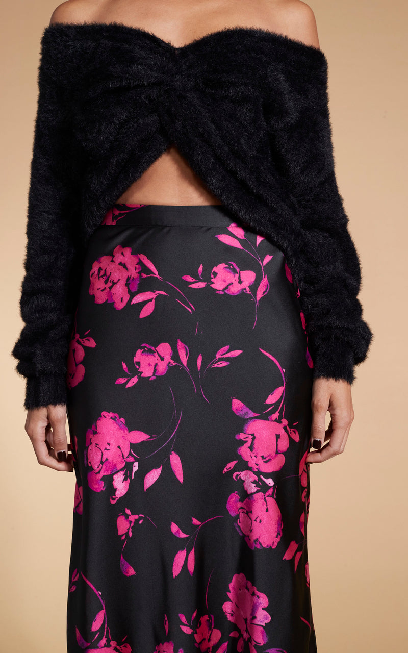 Lotus Skirt In Pink On Black Floral