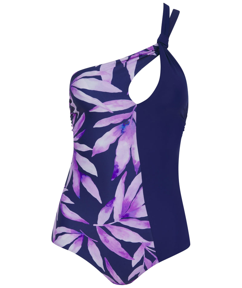 HALO Portinax Swimsuit In Watercolour Purple Leaf & Navy on white background