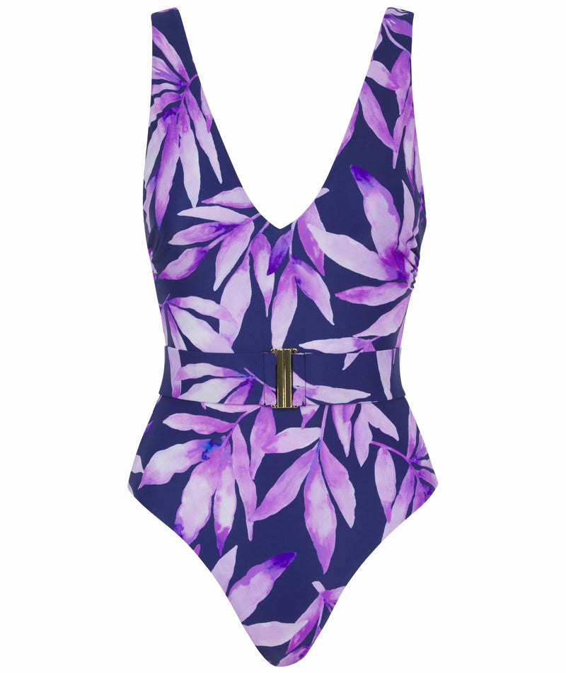 HALO Sa Caleta Swimsuit In Watercolour Purple Leaf on white background