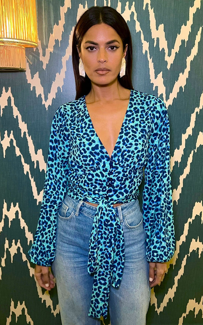 Joanie Tie Top In Turquoise Leopard