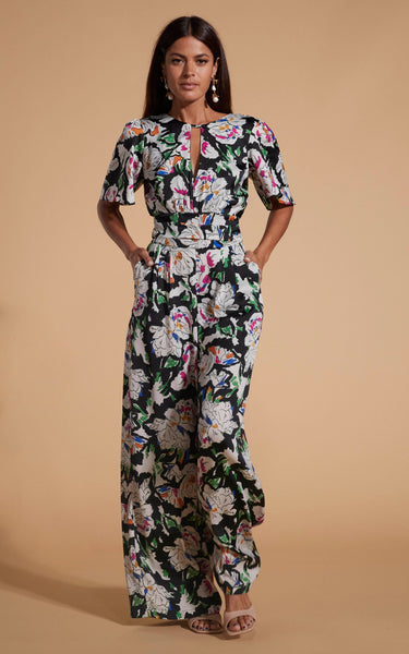 Savannah Jumpsuit In White On Black Floral Dancing Leopard