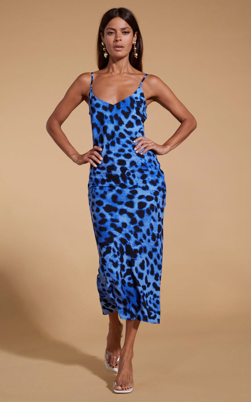 Sienna Midaxi Slip Dress in Bright Blue Leopard