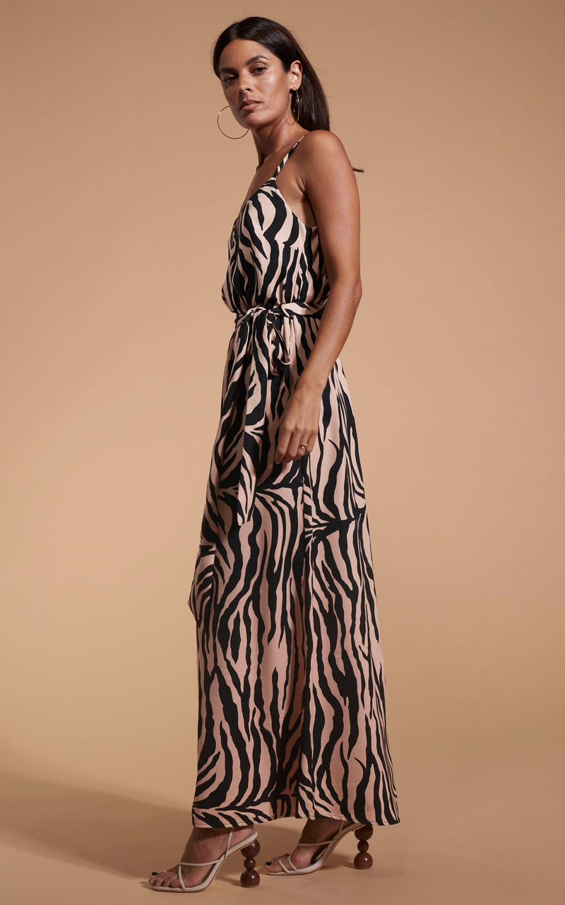 Dancing Leopard model wearing Sookie Slip Dress In Blush Zebra stood side on