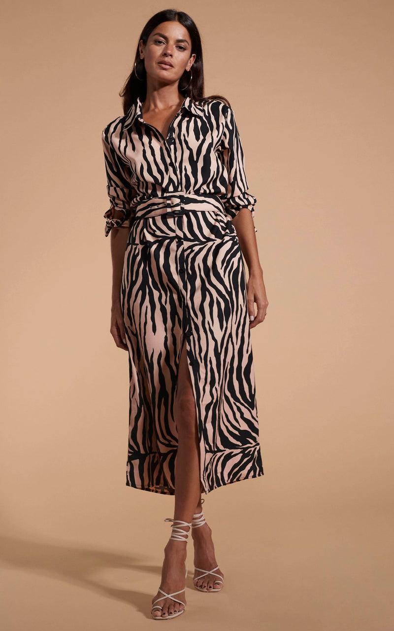 Dancing Leopard model wearing Alva Midi Shirt Dress In Blush Zebra posed with hands by side