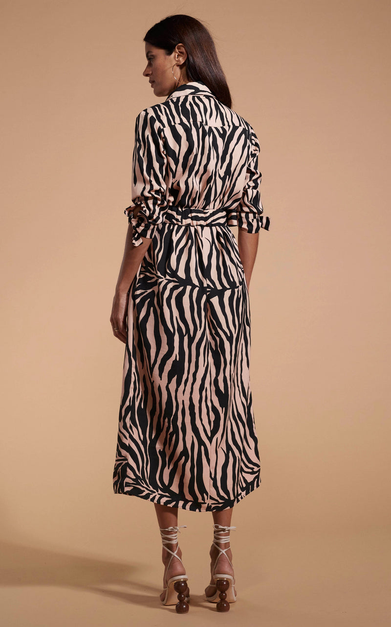 Dancing Leopard model wearing Alva Midi Shirt Dress In Blush Zebra facing away to reveal back details