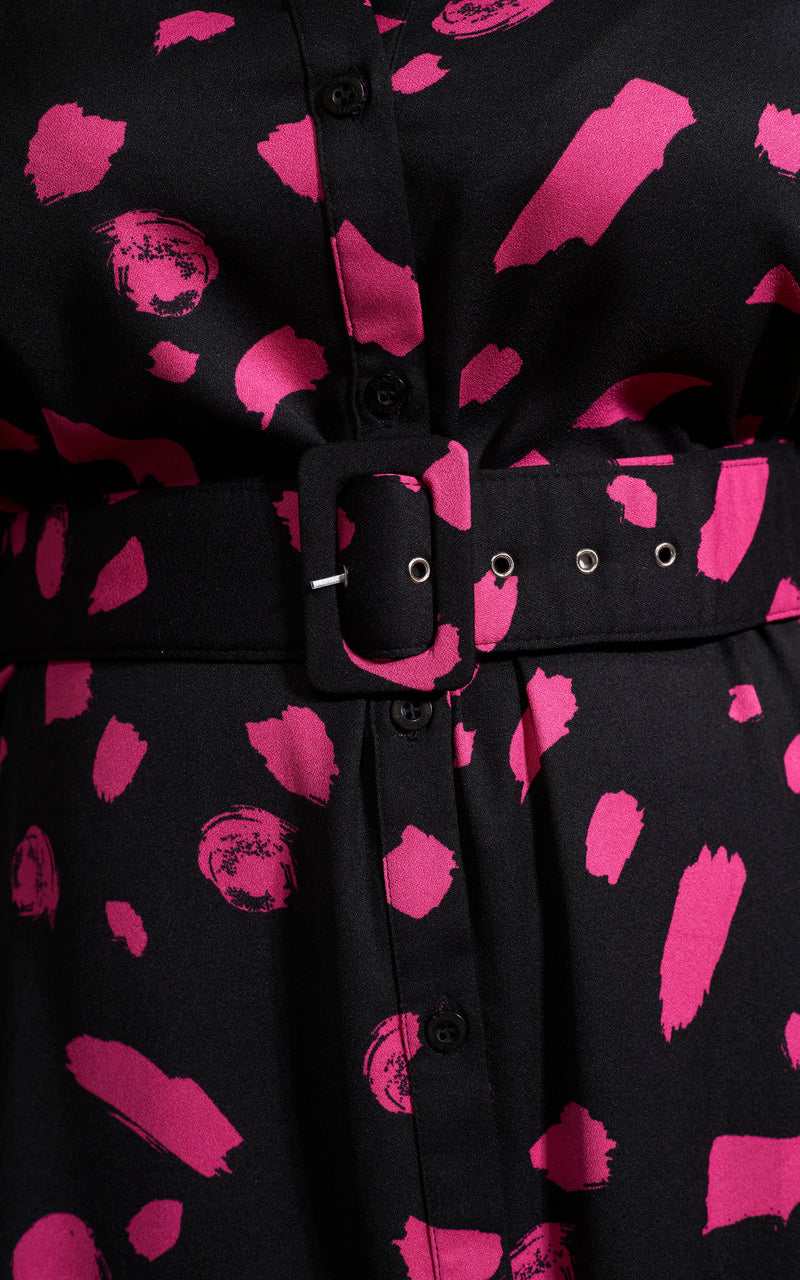 Dove Dress In Abstract Dot Pink On Black- Extended Sizing