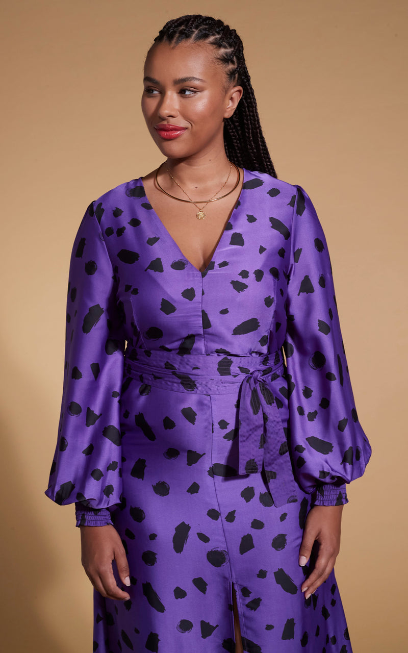 Remy Dress In Abstract Dot Black On Purple- Extended Sizing