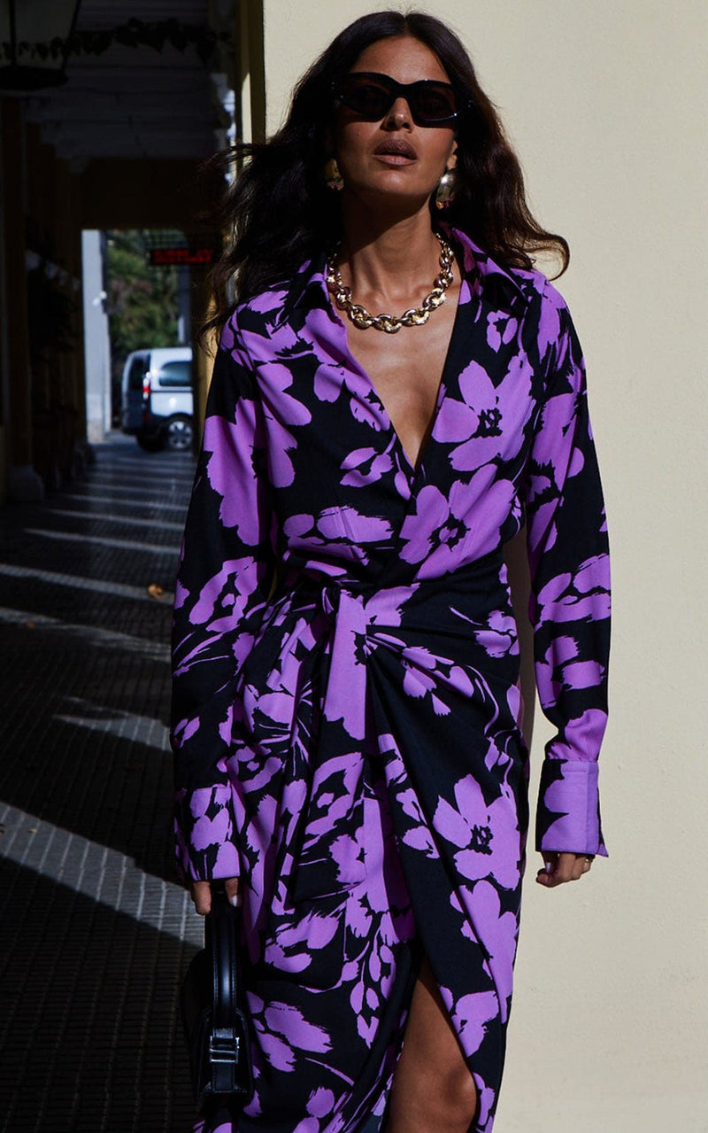 Frankie Wrap Dress In Lilac On Black Floral