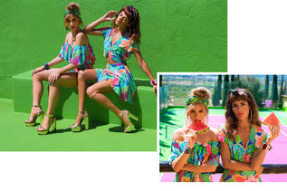 collage of images showing two Dancing Leopard models wearing floral two pieces