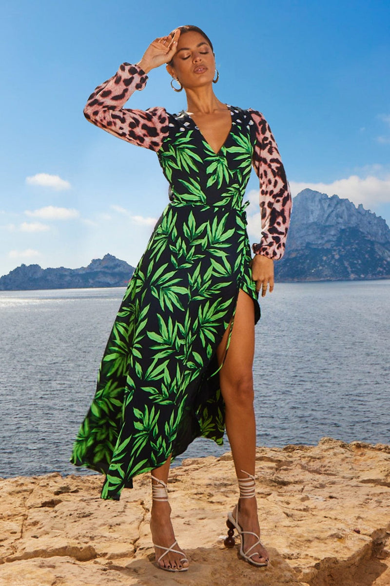 Jagger Maxi Wrap Dress in Tropic Green on Black Mix