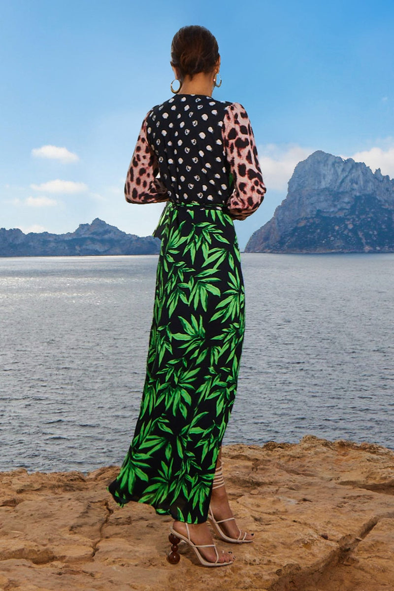 Jagger Maxi Wrap Dress in Tropic Green on Black Mix