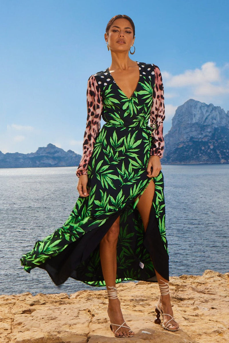 Jagger Maxi Wrap Dress in Tropic Green on Black Mix