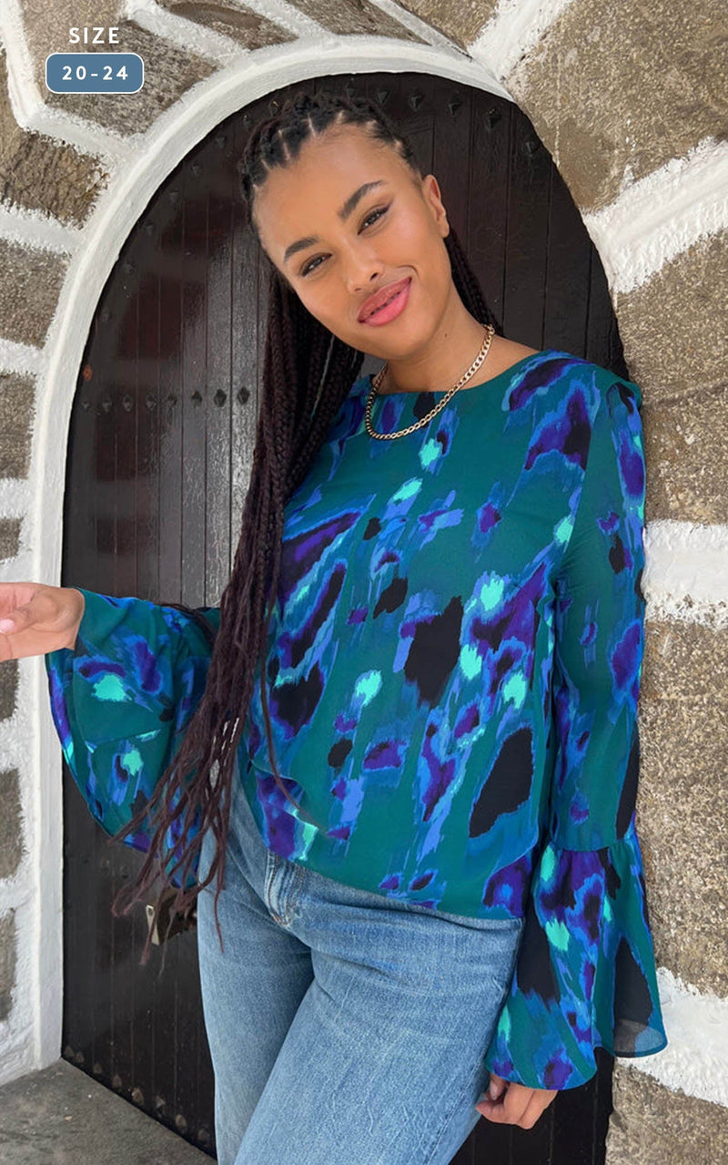 Suvi Flare Sleeve Top In Camo Abstract Blue On Green- Extended Sizing