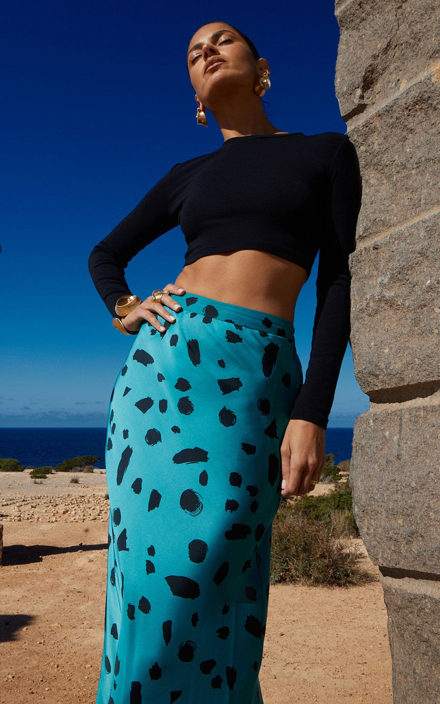 Renzo Skirt In Abstract Dot Black On Teal Dancing Leopard