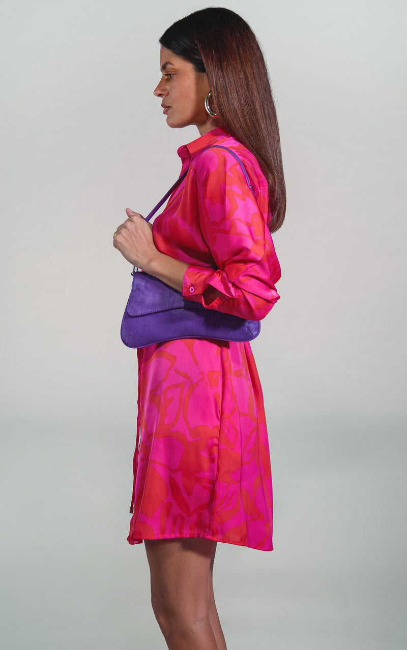 Melody Mini Shirt Dress in Red on Pink Abstract Floral
