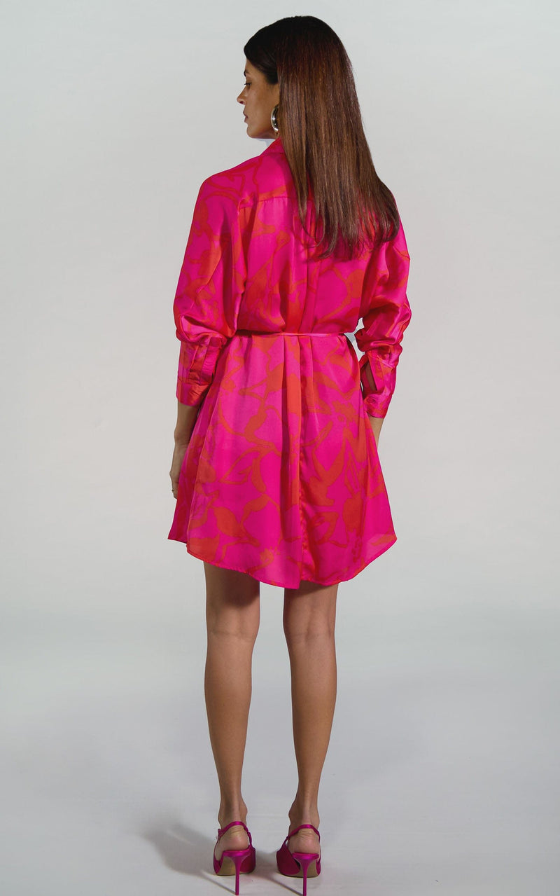 Melody Mini Shirt Dress in Red on Pink Abstract Floral