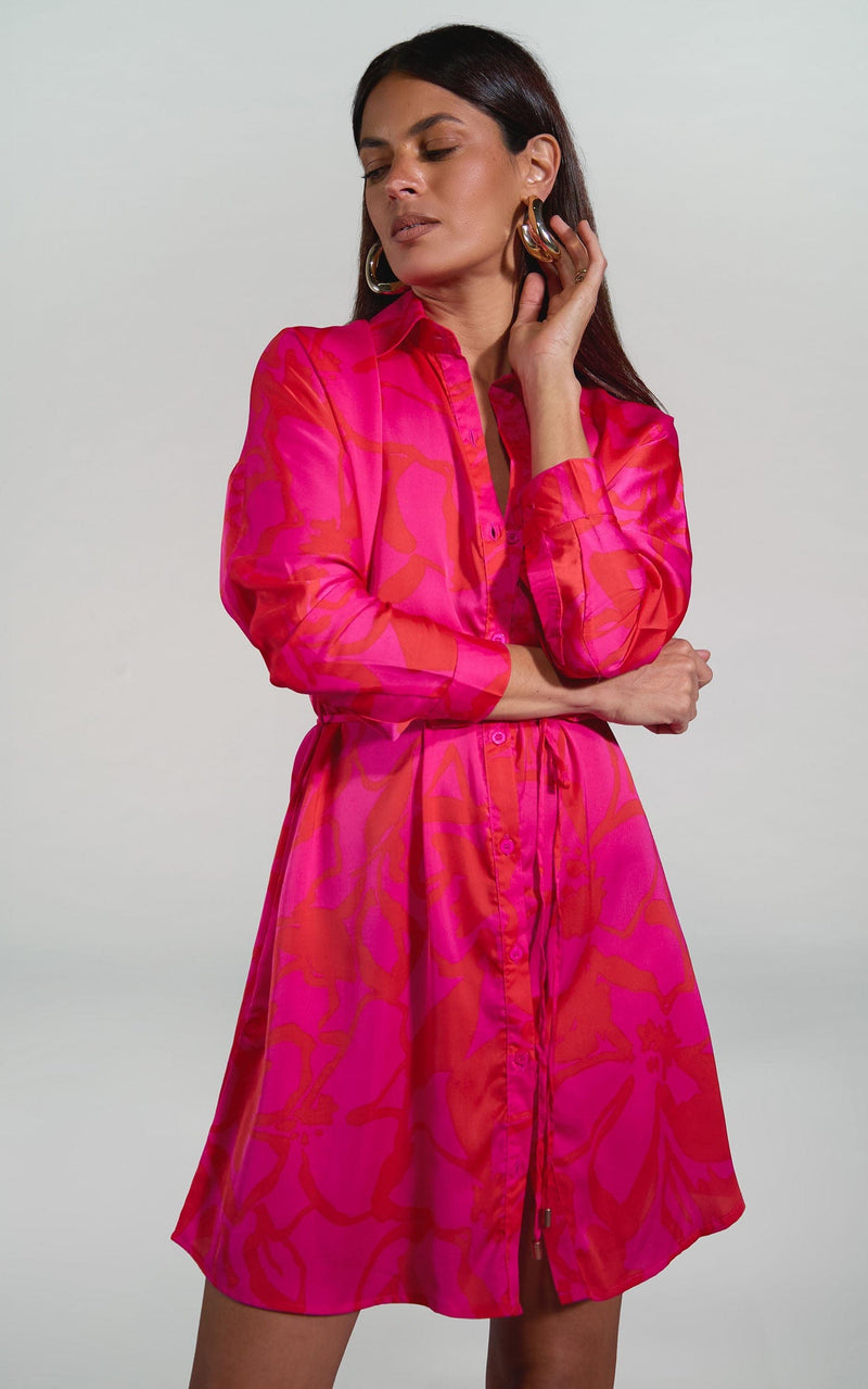 Melody Mini Shirt Dress in Red on Pink Abstract Floral