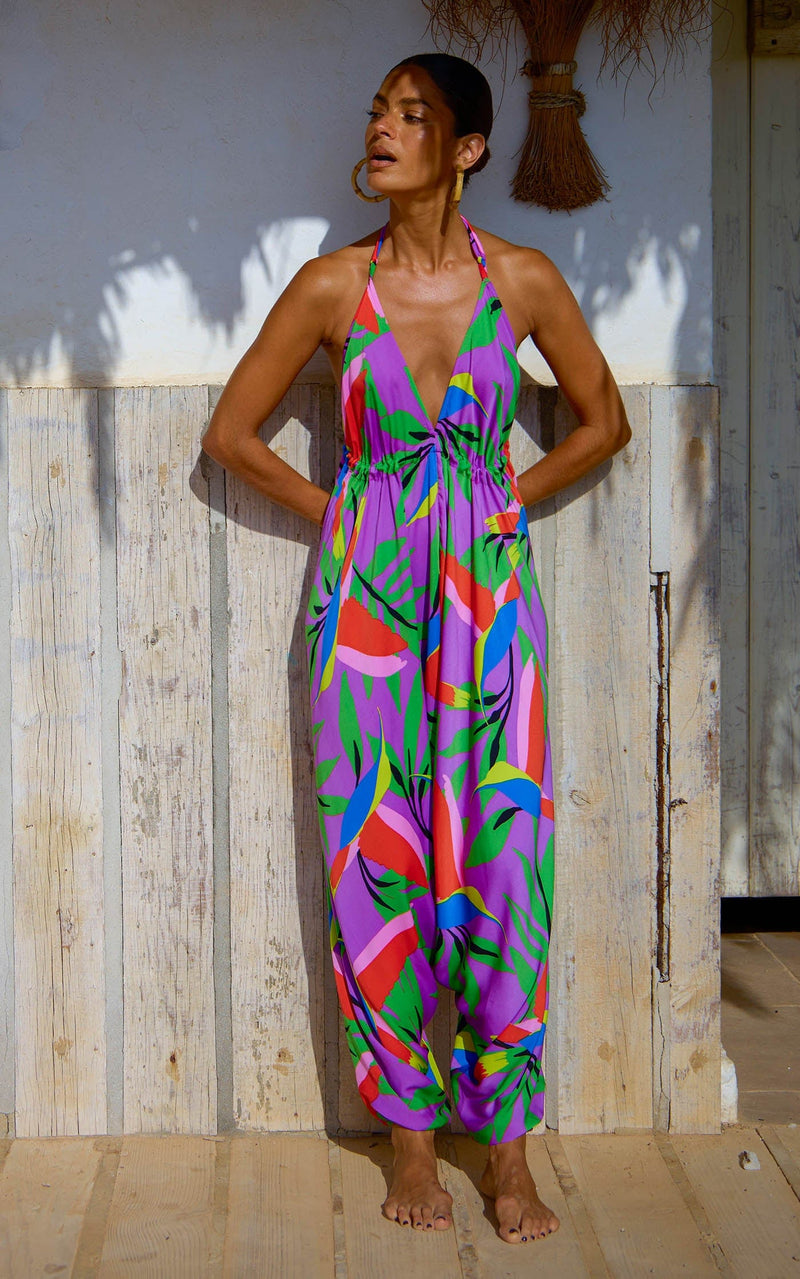 Genie Jumpsuit in Humming Bird Purple Dancing Leopard