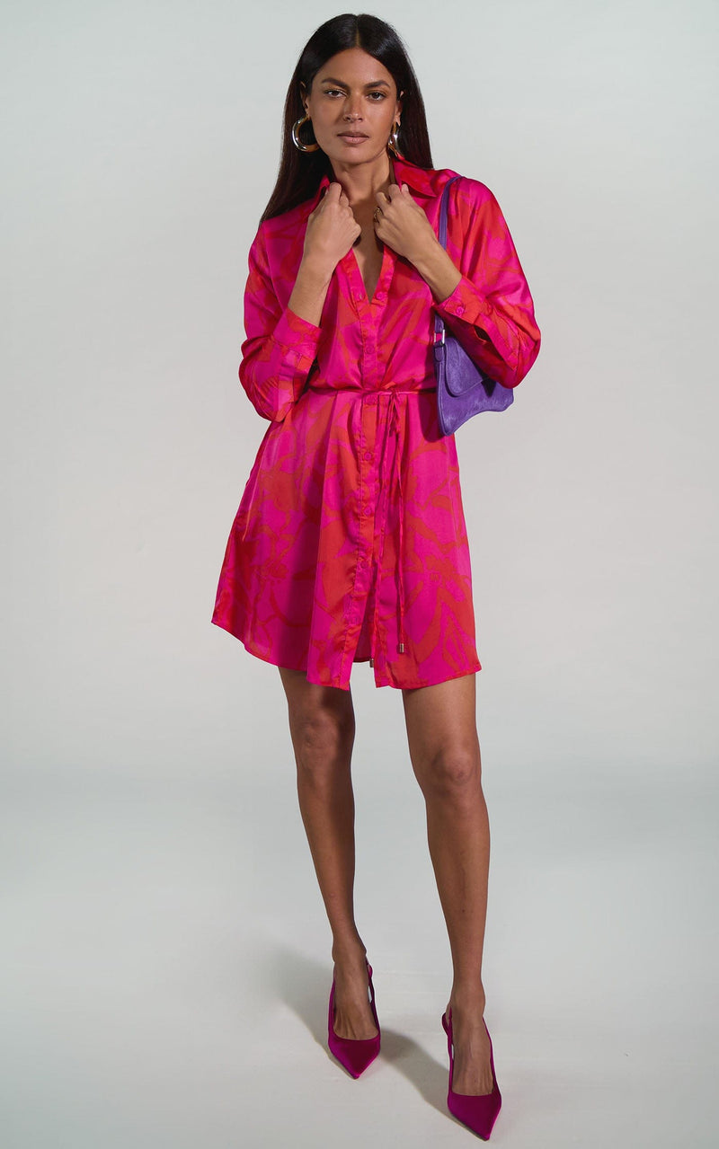 Melody Mini Shirt Dress in Red on Pink Abstract Floral