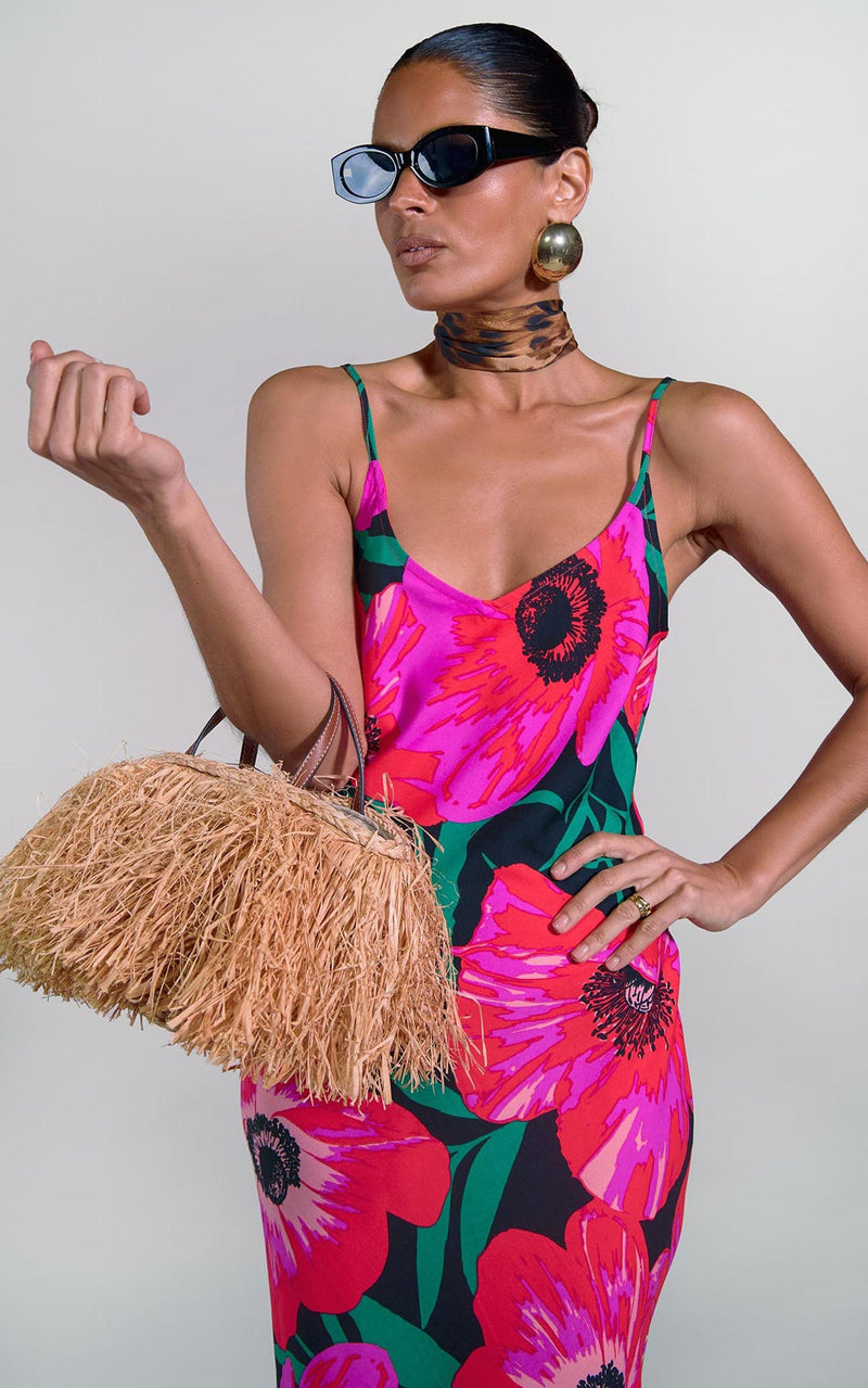 Sienna Midaxi Slip Dress in Pink on Black Poppy