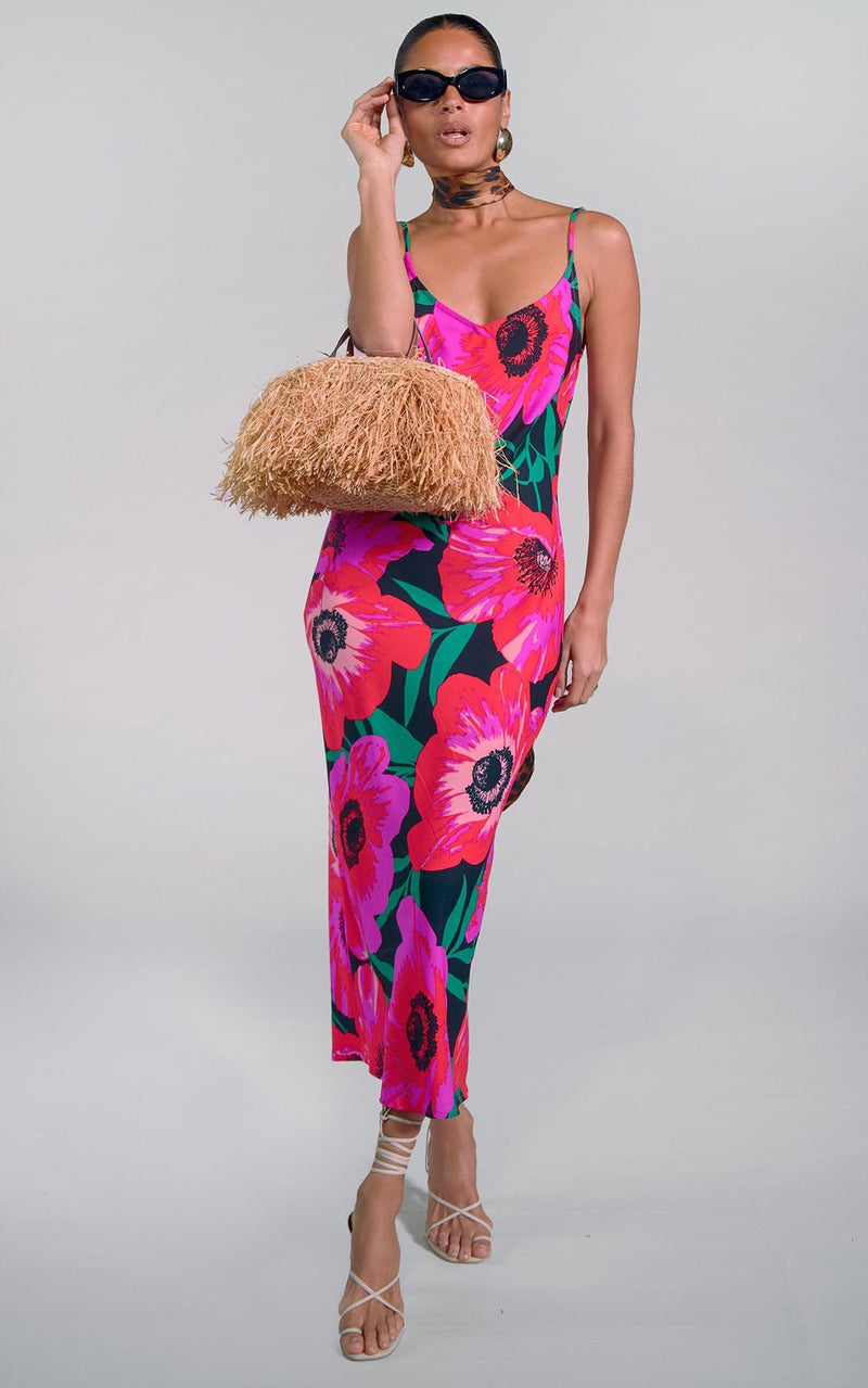 Sienna Midaxi Slip Dress in Pink on Black Poppy