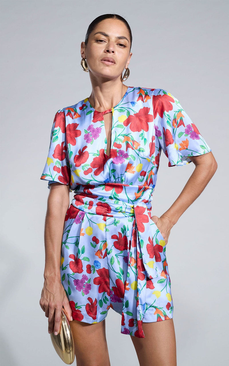 Fleur Playsuit In Sky Blue Meadow Floral