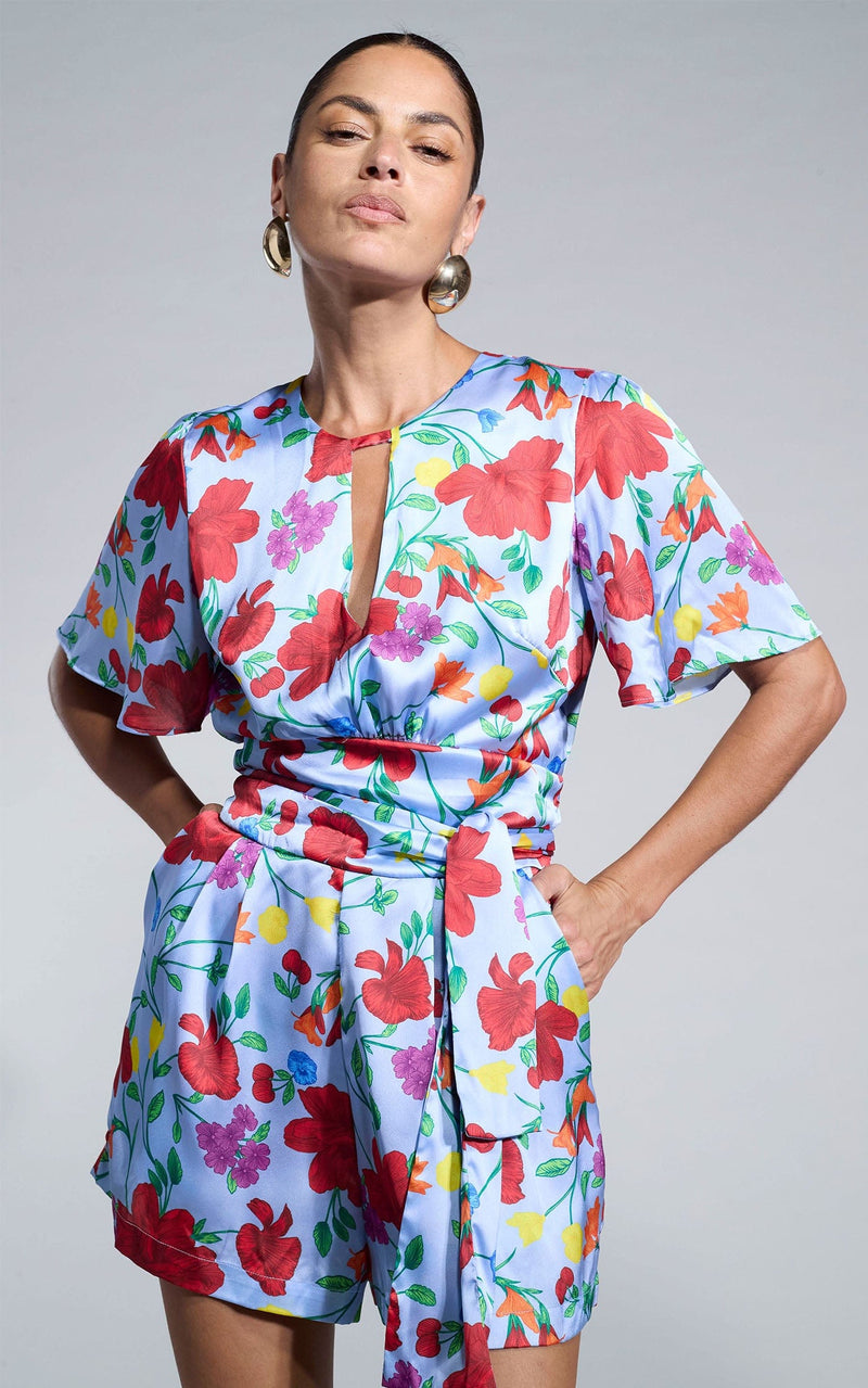 Fleur Playsuit In Sky Blue Meadow Floral