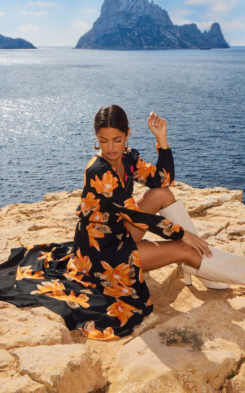 Jagger Maxi Wrap Dress in 70s Orange Floral Mix