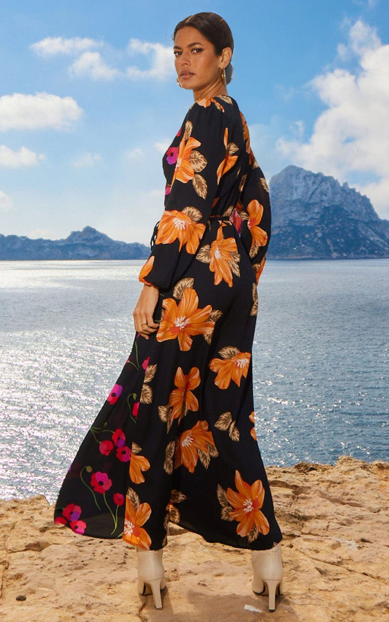Jagger Maxi Wrap Dress in 70s Orange Floral Mix