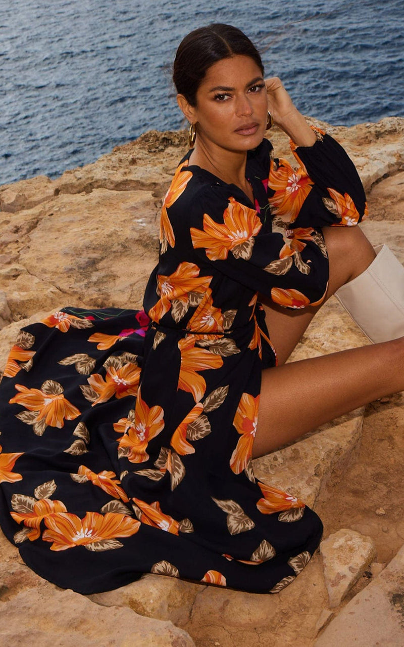 Jagger Maxi Wrap Dress in 70s Orange Floral Mix