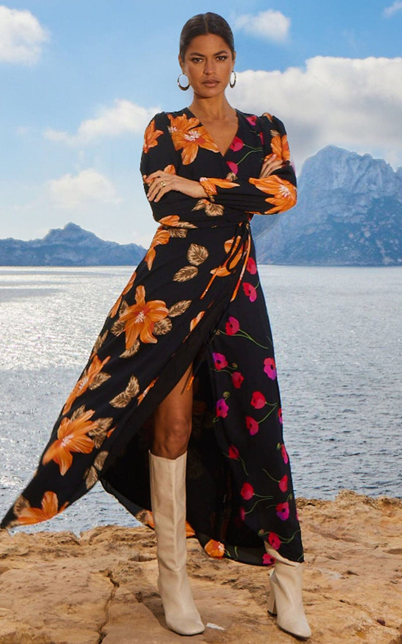 Jagger Maxi Wrap Dress in 70s Orange Floral Mix