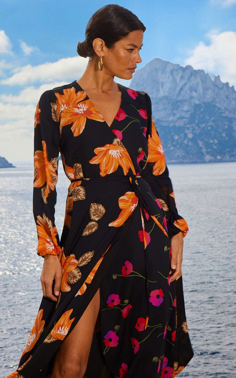 Jagger Maxi Wrap Dress in 70s Orange Floral Mix