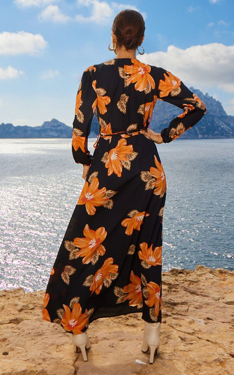 Jagger Maxi Wrap Dress in 70s Orange Floral Mix