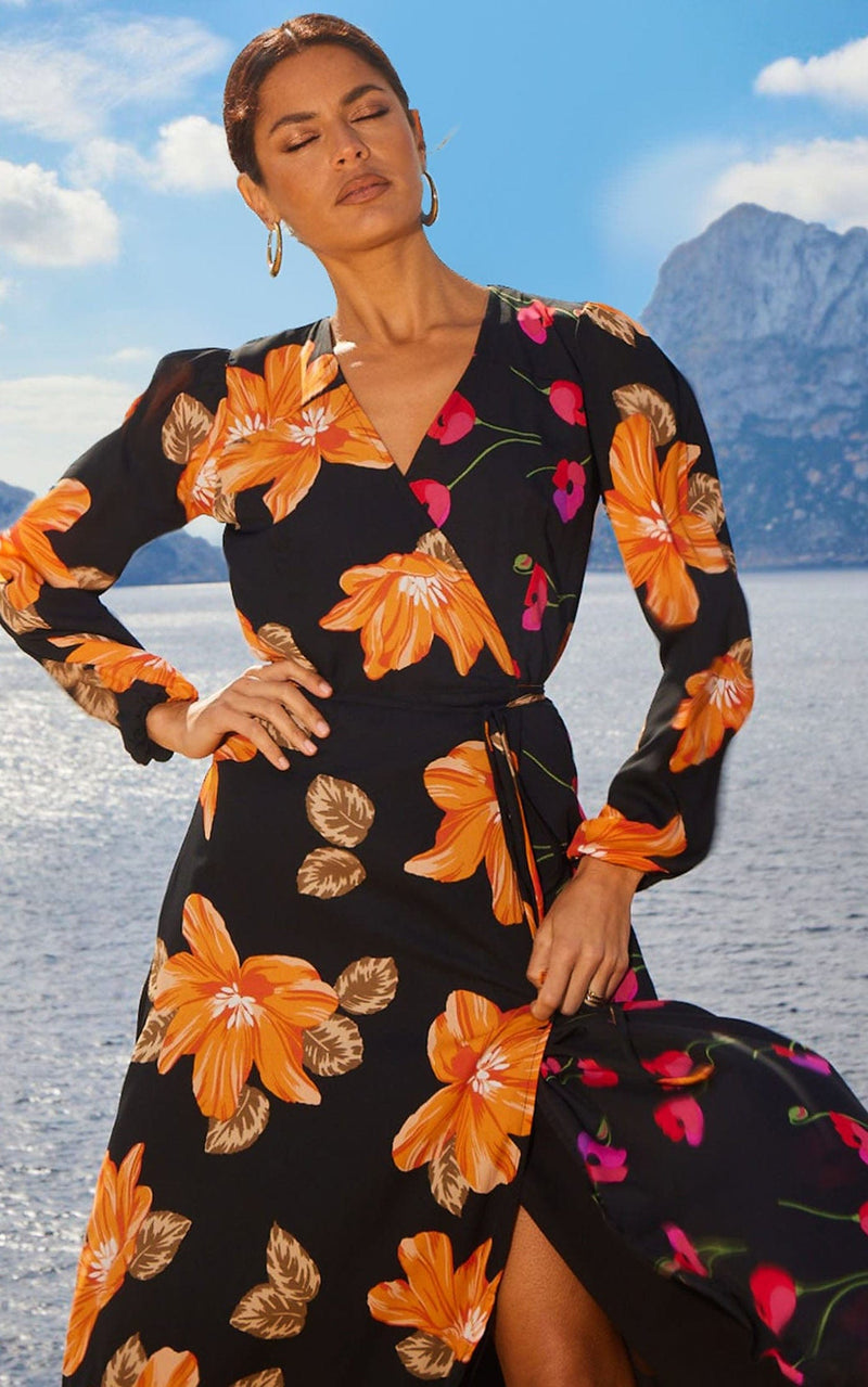 Jagger Maxi Wrap Dress in 70s Orange Floral Mix