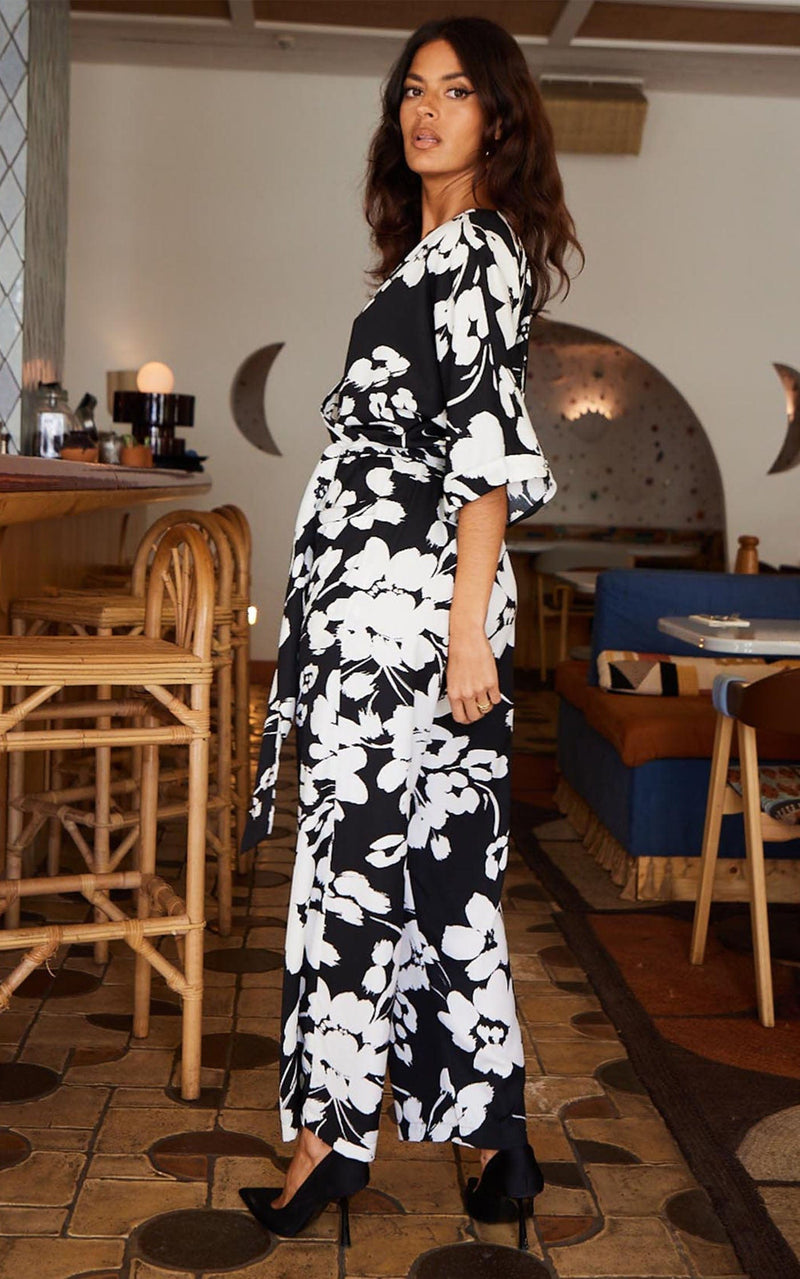 Winona Kimono Jumpsuit In White On Black Floral