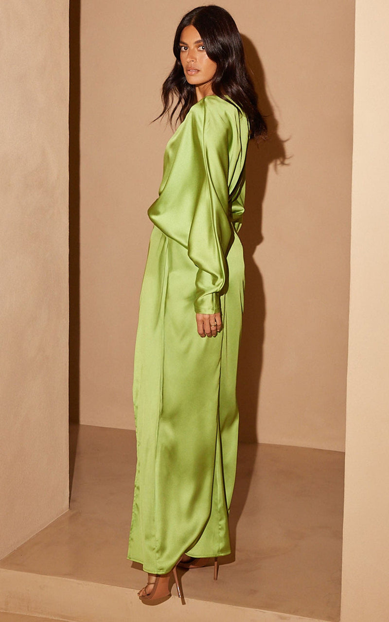 Mia Satin Maxi Dress in Lime Green