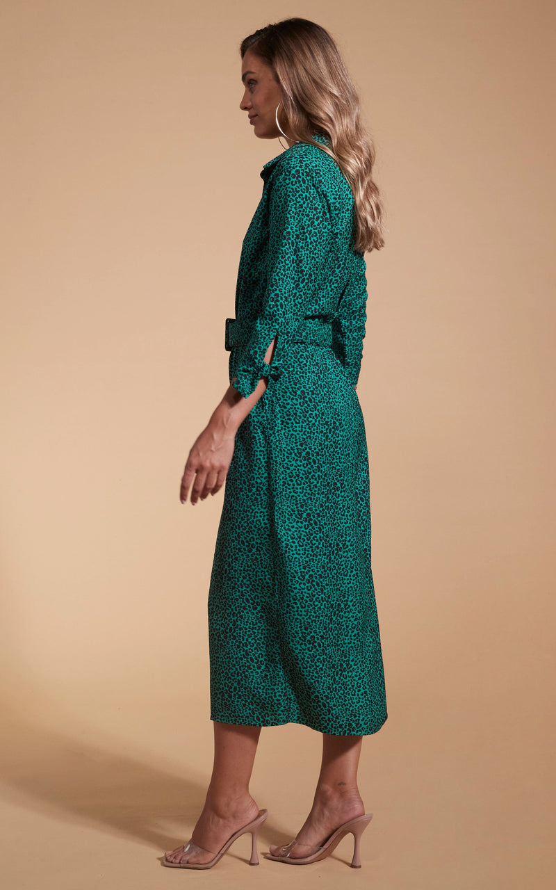 Alva Midi Shirt Dress In Small Green Leopard