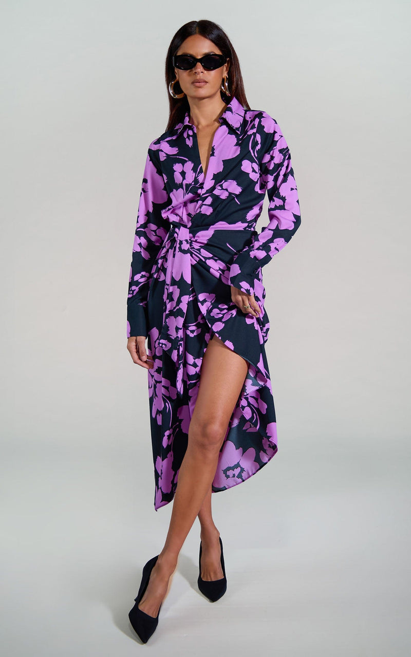 Frankie Wrap Dress In Lilac On Black Floral