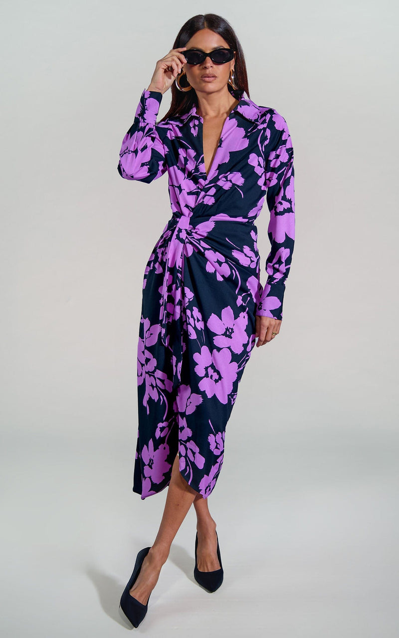 Frankie Wrap Dress In Lilac On Black Floral